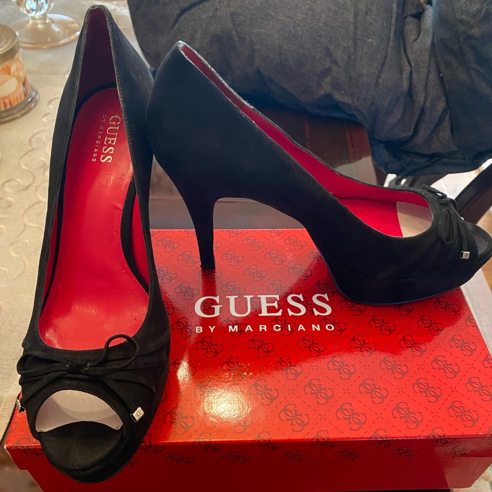 GUESS By Marciano Black Suede Peep Toe Heels
